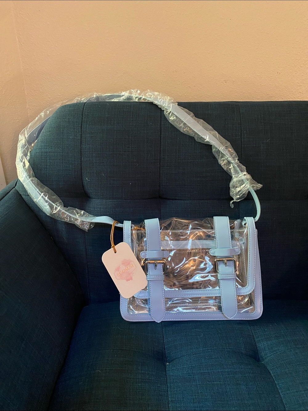 ECOSUSI Pastel Blue Clear Crossbody Bag with Buckle Straps